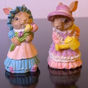 Enesco Gardening Bunnies Miniature Resin Figurine Pair Vintage 1990s